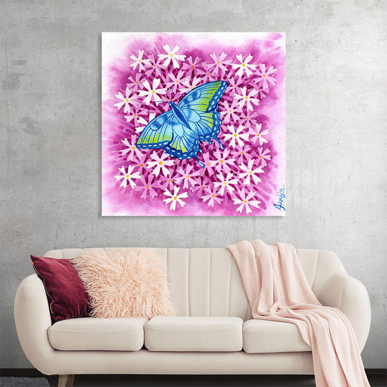 Immerse yourself in the enchanting allure of this exquisite artwork, a perfect blend of nature’s beauty and artistic grace. A vibrant blue butterfly, meticulously detailed, alights upon a sea of delicate white flowers set against a mesmerizing backdrop of rich pinks and purples. Every brushstroke radiates with life, inviting viewers into a world where nature’s simplicity meets artistic elegance.