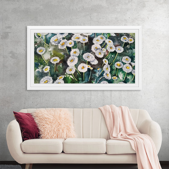 “White Bed” by Girija Kulkarni: Immerse yourself in the serene beauty of this exquisite print. The field of delicate white flowers, each petal and leaf brought to life with meticulous detail and vibrant hues, captures the ethereal charm of nature. 