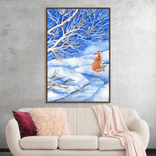  Immerse yourself in the serene beauty of “All is Snow Around” by Girija Kulkarni. This exquisite print captures a tranquil winter landscape, where the delicate branches of trees are gracefully adorned with snow, painting a picture of silent elegance. In the midst of this peaceful scenery, a lone fox adds a touch of warmth and life with its rich, amber hue. 