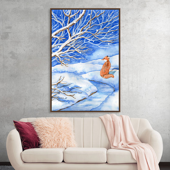 Immerse yourself in the serene beauty of “All is Snow Around” by Girija Kulkarni. This exquisite print captures a tranquil winter landscape, where the delicate branches of trees are gracefully adorned with snow, painting a picture of silent elegance. In the midst of this peaceful scenery, a lone fox adds a touch of warmth and life with its rich, amber hue. 