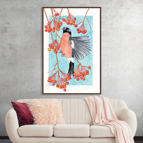 “Bullfinch Snacktime” by Girija Kulkarni invites you into a world of enchantment. This exquisite print captures a majestic bullfinch mid-flight, its vibrant plumage a symphony of reds and blacks against an icy blue backdrop. The branches, laden with crimson berries, curve gracefully, evoking winter’s silent beauty. 