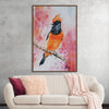 Ignite your home with the fiery energy of "Orange" by Girija Kulkarni. This vibrant watercolor captures the essence of a captivating bird with its striking orange plumage and bold black accents. The artist's masterful brushstrokes bring the creature to life, its beak open in a joyous song. A splash of pink in the background adds a touch of whimsy, making this piece a perfect conversation starter for any room.