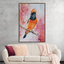  Ignite your home with the fiery energy of "Orange" by Girija Kulkarni. This vibrant watercolor captures the essence of a captivating bird with its striking orange plumage and bold black accents. The artist's masterful brushstrokes bring the creature to life, its beak open in a joyous song. A splash of pink in the background adds a touch of whimsy, making this piece a perfect conversation starter for any room.