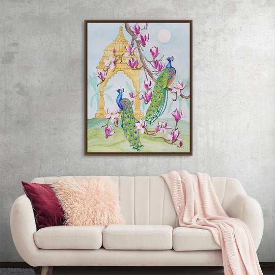 Step into a world where history and nature intertwine, with Girija Kulkarni’s mesmerizing artwork, “Ancient Garden”. This exquisite print captures the serene elegance of two peacocks amidst a blossoming garden, set against the backdrop of an architectural marvel. Every brushstroke brings to life the vibrant hues of the peacocks’ feathers, contrasting beautifully with the soft pastel blossoms that surround them. 
