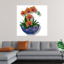  “Blue Pot Orange Orchid” by Ann Hutchinsen: Dive into the serene and mystical world of this exquisite print. Encased in a sleek black frame, it captures the graceful movement of a vibrant orange koi fish, symbolizing good fortune and perseverance, as it meanders through tranquil waters. The artwork’s rich colors and reflective elements create a mesmerizing effect that invites viewers to lose themselves in its depths.