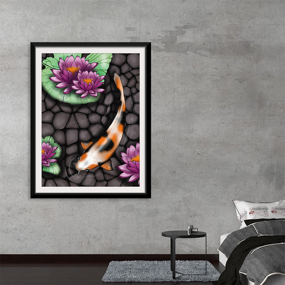 Dive into the serene beauty of our exclusive art print, where a graceful koi fish swims amidst the tranquil waters, adorned with blooming lotus flowers. Every scale and petal is rendered with exquisite detail, capturing a moment of pure tranquility. The dark, stone-like backdrop accentuates the vibrant hues of the koi and lotus, making them a mesmerizing focal point.