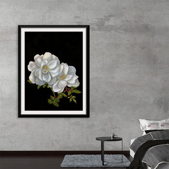 Immerse yourself in the ethereal beauty of this exquisite artwork, a print capturing the delicate allure of white flowers in full bloom against a contrasting, dark backdrop. Every petal, intricately detailed and gracefully curved, seems to dance in the silent melody of nature’s symphony. The lush green leaves add a touch of vibrancy, making this piece a harmonious blend of elegance and vitality.