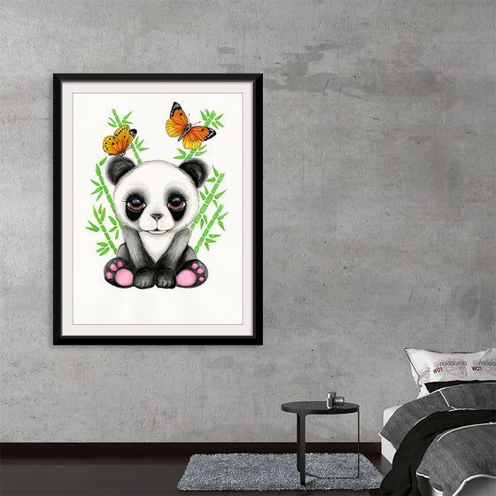 Introducing our exclusive print, a harmonious blend of nature and whimsy that invites the serene beauty of the outdoors into your space. This artwork features a pair of vibrant butterflies fluttering amidst lush green leaves, elegantly framing the tender paws and ears of a panda. 