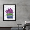 This exquisite art print, featuring vibrant clusters of lavender blooms rising gracefully from a stylish patterned planter, is a visual treat. Each petal, meticulously crafted, seems to pulse with life against the elegant backdrop of intricate designs. The lush green leaves at the base provide a contrasting color that enhances the visual appeal.