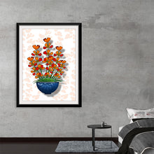  Immerse yourself in the vibrant allure of this exquisite print, featuring a symphony of radiant orange flowers bursting forth from a classic deep blue vase. Each petal is painted with meticulous detail, inviting viewers into a world where art and nature converge. The backdrop, adorned with subtle silhouettes of butterflies, adds an enchanting touch that dances in harmony with the blossoming florals. 