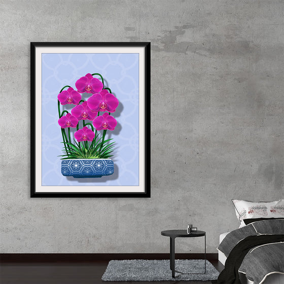 Immerse yourself in the serene beauty of this exquisite print, featuring vibrant pink orchids blossoming with grace and elegance. Each petal, painted with meticulous detail, radiates a soft glow against the intricate backdrop, inviting a sense of calm and tranquility into any space. 