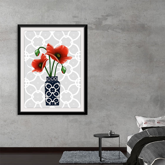 Immerse yourself in the serene beauty of this exquisite artwork. This print captures the elegance of blooming poppies housed in a classic vase. The radiant red petals, contrasted by the intricate patterns on the vase and set against a whimsically designed backdrop, promise to add a touch of sophistication and charm to any space.