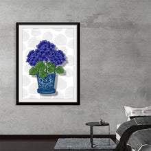  Immerse yourself in the serene beauty of this exquisite artwork. This print captures the elegance of vibrant hydrangeas housed in an intricately designed blue vase. Each petal, leaf, and detail is rendered with meticulous care, inviting viewers into a world where nature’s simplicity meets artistic sophistication.