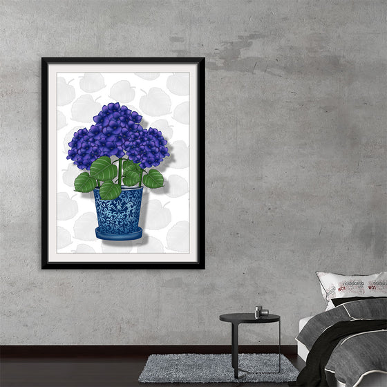 Immerse yourself in the serene beauty of this exquisite artwork. This print captures the elegance of vibrant hydrangeas housed in an intricately designed blue vase. Each petal, leaf, and detail is rendered with meticulous care, inviting viewers into a world where nature’s simplicity meets artistic sophistication.