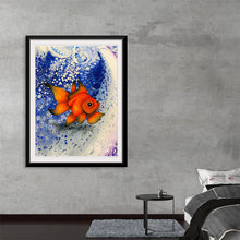  Dive into a world of enchantment with this exquisite print, where a vibrant orange goldfish swims amidst an ethereal sea of blue and white bubbles. Every scale and fin is rendered with meticulous detail, bringing the creature to life against the abstract, dreamlike backdrop.