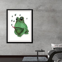  Dive into a whimsical world with this enchanting art print featuring a vibrant green frog, its eyes wide and filled with wonder. Every intricate detail, from the textured skin to the playful tongue reaching out, is captured with exquisite precision. A flurry of flies, each uniquely illustrated, buzzes around our amphibious friend, adding a touch of whimsy and movement to the piece.