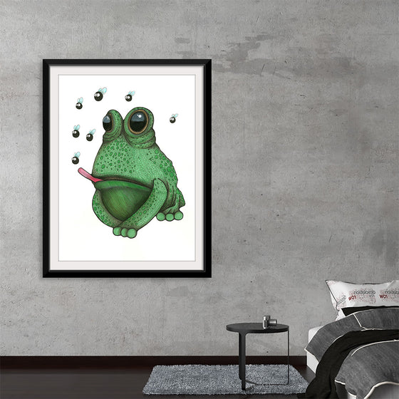 Dive into a whimsical world with this enchanting art print featuring a vibrant green frog, its eyes wide and filled with wonder. Every intricate detail, from the textured skin to the playful tongue reaching out, is captured with exquisite precision. A flurry of flies, each uniquely illustrated, buzzes around our amphibious friend, adding a touch of whimsy and movement to the piece.