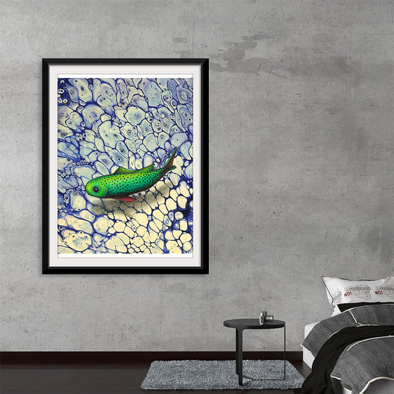 “In The Shallows 2019” by Ann Hutchinsen invites you into a whimsical underwater realm where art and tranquility converge. Imagine diving beneath the surface, where sunlight dances on azure waves, and secrets linger in every ripple. In this mesmerizing print, a solitary green fish glides through abstract currents—a creature of mystery and grace.