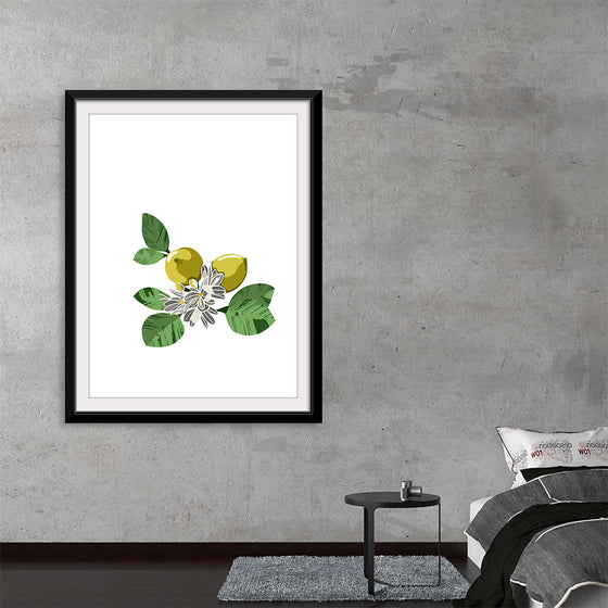 “Lemon Blossom” by Ann Hutchinsen is a captivating masterpiece that brings the delicate beauty of nature into your living space. The artwork, available as a high-quality print, features a meticulously illustrated lemon blossom, with its vibrant yellow lemons and lush green leaves contrasting beautifully against the pure white background. 