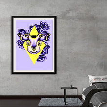  “2020 Goat” is a captivating piece of artwork that embodies the spirit and energy of the iconic animal. The central focus is a mesmerizing, stylized depiction of a goat, rendered with exquisite detail and vibrant colors. Set against a backdrop of lush, dark purple flowers and encased within an illuminating yellow diamond shape, this artwork is a celebration of nature’s intrinsic beauty and the enigmatic allure of the goat. 
