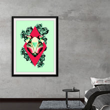  The print showcases a brilliantly colored rat, adorned with vibrant hues and geometric shapes, encapsulated within a bold red diamond shape. Surrounded by lush green roses, this artwork is a harmonious blend of traditional symbolism and contemporary artistry.