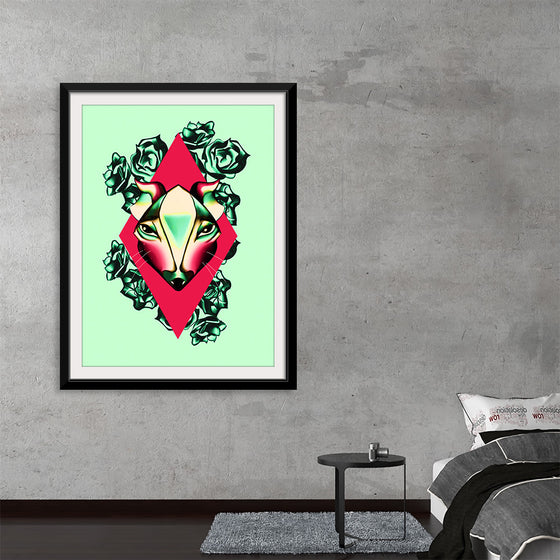 The print showcases a brilliantly colored rat, adorned with vibrant hues and geometric shapes, encapsulated within a bold red diamond shape. Surrounded by lush green roses, this artwork is a harmonious blend of traditional symbolism and contemporary artistry.