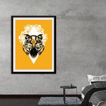  “2020 Tiger” by Arvee Gibson is a striking piece of art that beautifully captures the majestic aura of a tiger. The artwork features a meticulously crafted tiger’s face, set against a vibrant yellow background, surrounded by an ethereal arrangement of white roses. The intricate detailing of the tiger’s face, contrasted with the soft lines of the roses, creates a stunning visual impact. 