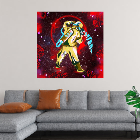 “Highlight Zodiac Collection - 2020 Aquarius” by Arvee Gibson is a celestial masterpiece that beckons viewers into the mystical realm of the Aquarius zodiac sign. With cosmic hues of gold and turquoise, the figure at the center exudes the innovative and intellectual spirit of Aquarius. 