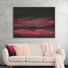  “Peligro” by Cielo Alegre invites you into a celestial dance of danger and beauty. In this mesmerizing artwork, crimson and sable hues collide, painting a tumultuous night sky. Each brushstroke whispers secrets of cosmic turmoil, while distant stars bear silent witness.