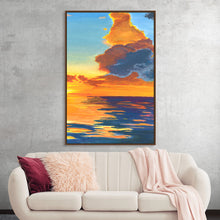 “Tranquil” by Cielo Alegre invites you to step into a moment of serenity. This captivating print captures the essence of a tranquil sunset, where the sky and water merge in harmonious hues. Golden yellows and deep oranges blend seamlessly into tranquil blues, creating a symphony of color. The dramatic clouds, painted with masterful strokes, add depth and emotion to this mesmerizing scene.