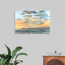  "Peace" by Cielo Alegre is a serene and calming landscape painting that captures the beauty of a tranquil sunset. The sky is ablaze with hues of orange, pink, and purple, while the ocean below shimmers in a soft blue. The artist's loose brushstrokes create a sense of movement and energy, while the overall composition evokes a feeling of peace and tranquility. This limited edition print is perfect for those seeking to bring a sense of calm and serenity into their home.