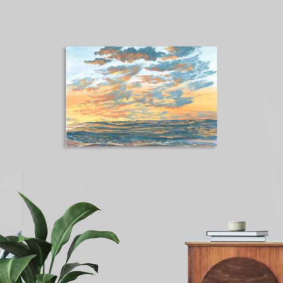 "Peace" by Cielo Alegre is a serene and calming landscape painting that captures the beauty of a tranquil sunset. The sky is ablaze with hues of orange, pink, and purple, while the ocean below shimmers in a soft blue. The artist's loose brushstrokes create a sense of movement and energy, while the overall composition evokes a feeling of peace and tranquility. This limited edition print is perfect for those seeking to bring a sense of calm and serenity into their home.