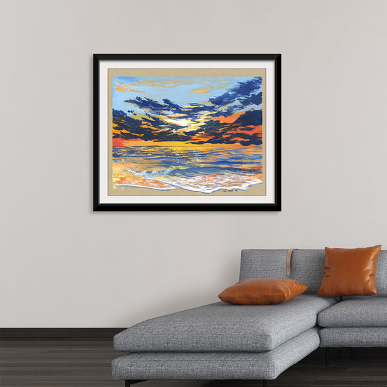 “Azure” by Cielo Alegre is a mesmerizing masterpiece that captures the serene beauty and boundless expanse of the sky and sea. Every brushstroke weaves a narrative of tranquil horizons meeting tumultuous waves, embodying a dance between calm and chaos. The vibrant hues of blues, oranges, and yellows are meticulously blended to create a visual symphony that evokes an aura of peace amidst life’s storms.
