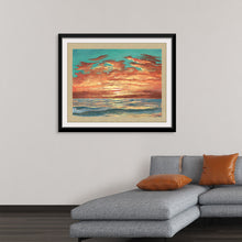  “Glow” by Cielo Alegre invites you to the tranquil edge of the world. As the sun dips below the horizon, warm hues of orange and red paint the sky, seamlessly blending into the calm, azure waters. Silhouettes of birds take flight, their wings tracing freedom against the canvas. 