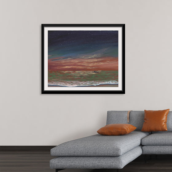 Immerse yourself in the serene beauty of “Mystery” by Cielo Alegre. This exquisite print captures the dance between the celestial and terrestrial—a silent conversation where starlit skies meet restless seas. The midnight blues, passionate reds, and serene whites evoke calm and reflection. Each brushstroke weaves secrets, inviting you to lose yourself in its depths. 