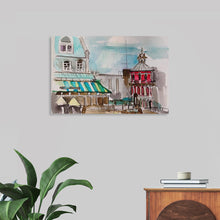 This exquisite print of a watercolor painting invites you into an urban landscape where history and modernity coexist. The artwork masterfully captures the elegance of architectural elements, from the arched windows to the intricate facade detailing, all set against the backdrop of a bustling city. The muted tones blend seamlessly with bursts of color, creating a visual spectacle that is both nostalgic and contemporary. 
