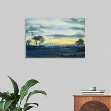  Immerse yourself in the tranquil allure of this exquisite print, “Dusk Near Sofala”. This artwork captures the serene beauty of a landscape at dusk, where the harmonious blend of the darkening azure sky and the golden embrace of the setting sun creates an enchanting spectacle. Silhouetted trees stand as silent witnesses to this natural dance of colors, their dark forms contrasting beautifully against the illuminating horizon. 