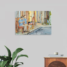  Immerse yourself in the tranquil ambiance of this exquisite print, capturing a serene moment of two individuals enjoying their time outdoors. The mastery of watercolor brings to life the intricate details, from the rustic chairs to the charming architectural backdrop. Every brushstroke tells a story of leisure and simplicity, making this piece a perfect addition to bring warmth and elegance to your space. 