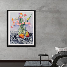  Adorn your space with the vibrant allure of this exquisite print, capturing the delicate dance of colorful flowers elegantly poised in a crystal clear vase. Every petal and leaf is rendered with meticulous detail, bringing to life the reds, pinks, and oranges that breathe energy into any room. Nestled beside the floral display are two ripe pears, their rich hues complementing the blossoming spectacle above. 