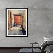  Immerse yourself in the serene and contemplative atmosphere evoked by this exquisite print. The artwork captures a solitary figure, enveloped in thought, seated against the backdrop of an ornate, aged door that holds within it stories untold. The harmonious blend of warm and cool tones, masterfully applied with delicate brush strokes, invites viewers into a world where time stands still. 