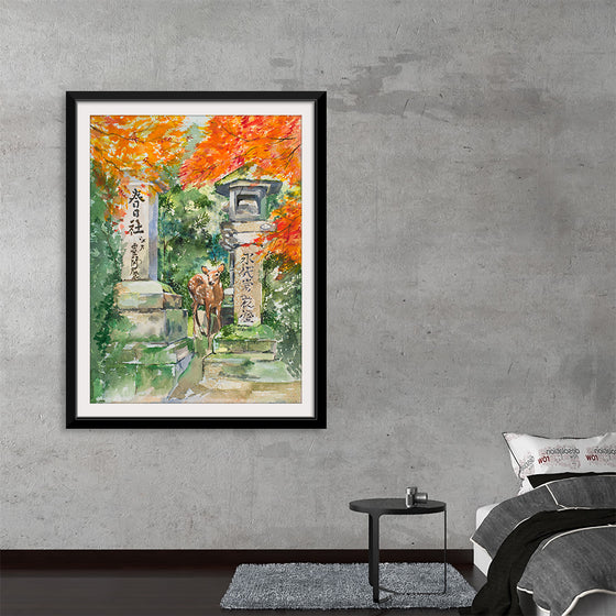 Immerse yourself in the serene beauty of this exquisite artwork, a print capturing a tranquil scene within nature. A delicate deer, embodying grace and gentleness, stands amidst the lush greenery and stone structures adorned with intricate inscriptions. The vibrant hues of autumn leaves paint a backdrop of warmth and richness, inviting viewers into a world where nature and artistry unite. 