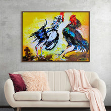  Introducing our latest art print, a vibrant and dynamic piece that captures the essence of nature’s beauty and the wild spirit of freedom. Two majestic roosters, painted with bold strokes and a riot of colors, engage in a dance as ancient as time. The artwork is alive with motion, each plume and feather rendered with exquisite detail against a backdrop that explodes with the golden hues of dawn. 