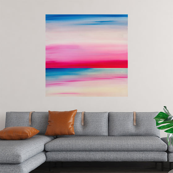 Immerse yourself in the serene beauty of this exquisite print. The artwork captures the tranquil essence of a horizon at dusk or dawn, where soft brushstrokes dance across the canvas in a symphony of blues and pinks. 