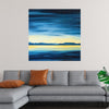 Immerse yourself in the serene beauty of this exquisite artwork, a print that captures the tranquil harmony of a dusk landscape. The artist skillfully employs a blend of deep blues and golden hues to depict the quiet waters, silhouetted mountains, and the gentle dance of colors in the sky.