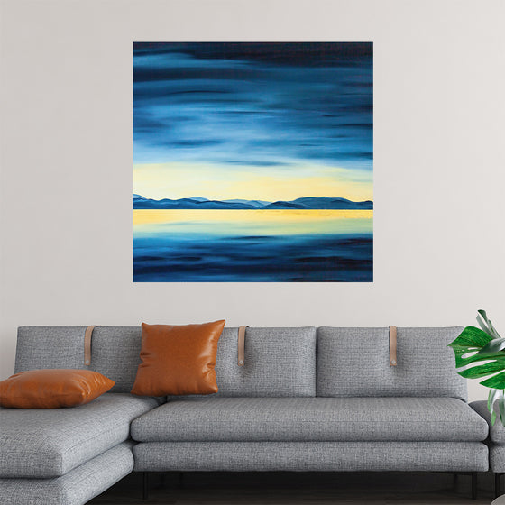 Immerse yourself in the serene beauty of this exquisite artwork, a print that captures the tranquil harmony of a dusk landscape. The artist skillfully employs a blend of deep blues and golden hues to depict the quiet waters, silhouetted mountains, and the gentle dance of colors in the sky.