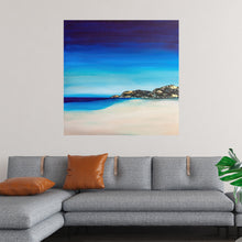  This exquisite print captures the tranquil allure of a coastal paradise where the deep purple and azure sky meets the calm, cerulean sea. The distant mountains, kissed by the golden sun, stand as silent witnesses to the dance between light and water. 