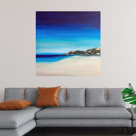 This exquisite print captures the tranquil allure of a coastal paradise where the deep purple and azure sky meets the calm, cerulean sea. The distant mountains, kissed by the golden sun, stand as silent witnesses to the dance between light and water. 