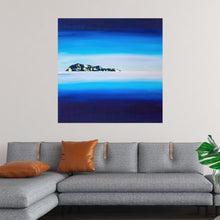  This exquisite print captures the tranquil beauty of a serene expanse of a smooth, reflective ocean meeting the majestic presence of a distant island. The harmonious dance of ethereal blues and whites in the artwork evokes a sense of calm, offering an escape into a world where nature’s elements converge in perfect unity.