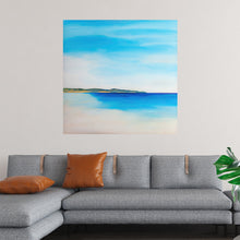  Adorn your space with the serene beauty encapsulated in this exquisite artwork. The harmonious blend of azure and cerulean blues paints a tranquil seascape, where the gentle waves kiss the golden shores under the tender embrace of the sky.