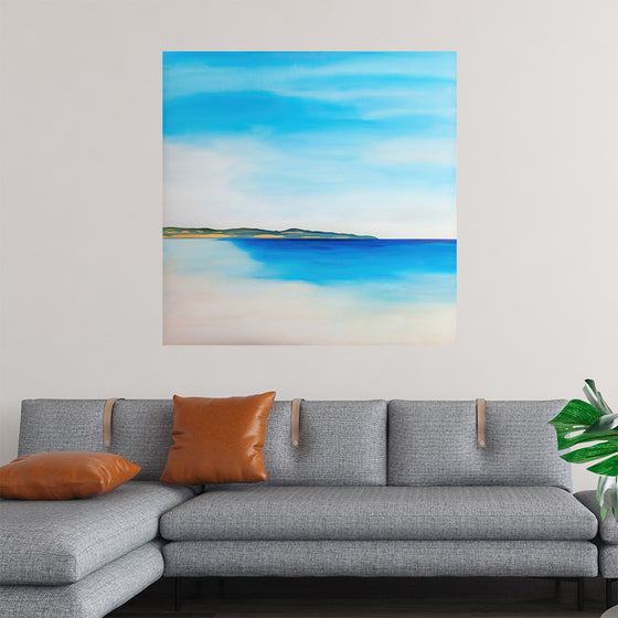 Adorn your space with the serene beauty encapsulated in this exquisite artwork. The harmonious blend of azure and cerulean blues paints a tranquil seascape, where the gentle waves kiss the golden shores under the tender embrace of the sky.